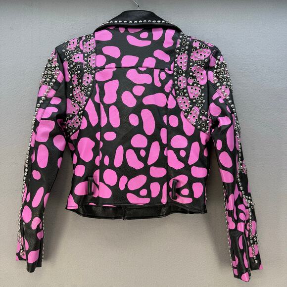 Azalea Wang Faux Leather Jacket Women's S Pink Black Pink Leopard Studded Moto - Picture 2 of 12